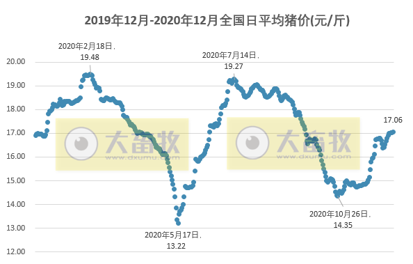 2020.12.21-今日猪价稳中上涨,21省突破17元,新希望11月生猪养殖成本15.5,能繁母猪116万头,年底目标难完成