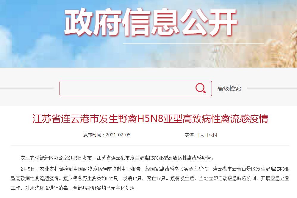 今年第3起！江苏省连云港市发生野禽H5N8亚型高致病性禽流感疫情