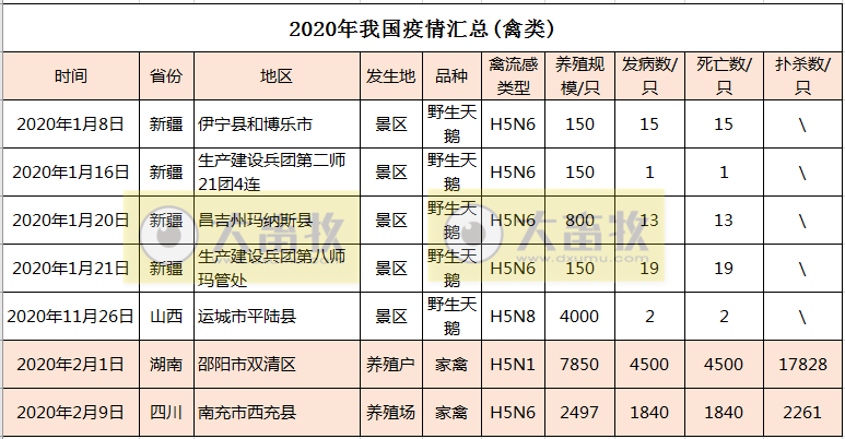2020年我国禽流感疫情汇总