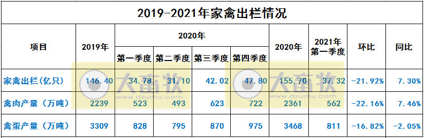 2021年一季度我国畜牧业数据，生猪产能持续恢复，牛羊禽稳定增产