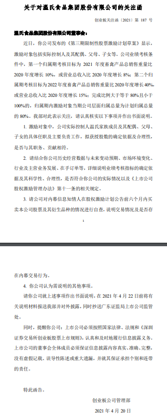温氏发布第三期限制性股票激励计划草案,收到深交所的关注函