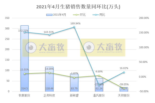 天邦股份：4月生猪销量和收入环比双双下跌4成，去年10-11月份断奶仔猪销售量比较高育肥猪投苗少
