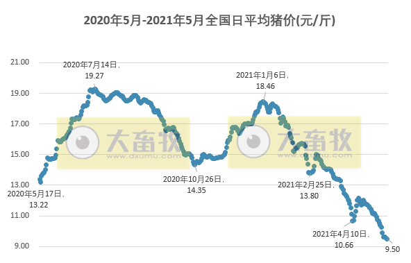 2021.5.16-今日猪价继续下行,仔猪和二元母猪价格也继续下降,饲料上涨,自繁自养也要亏损了,但仍不要忘记做好高温高湿季节的防患工作
