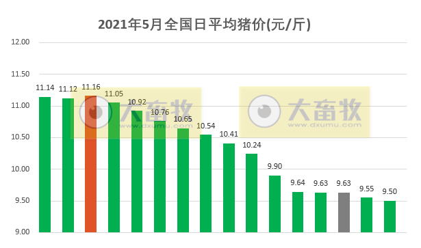 2021.5.16-今日猪价继续下行,仔猪和二元母猪价格也继续下降,饲料上涨,自繁自养也要亏损了,但仍不要忘记做好高温高湿季节的防患工作