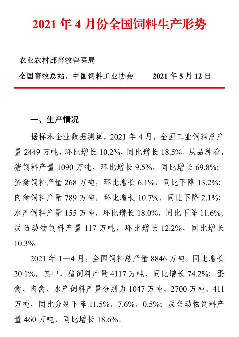 我国4月猪饲料产量1090万吨，同比增长近7成——全国饲料生产形势