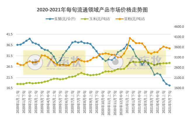 2021.6.5-今日猪价全面下跌，玉米价格上涨豆粕下跌，牧原5月生猪收入环比下降14%，新希望前5个月猪饲料销量翻倍