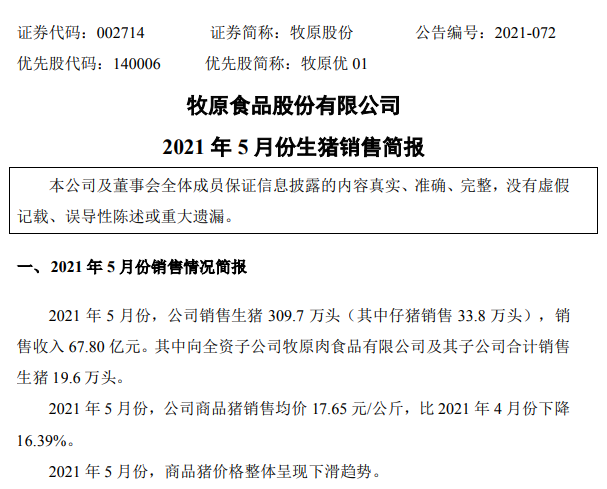 牧原股份：5月生猪收入环比下降14%，单头生猪均重有所增长