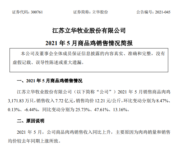立华股份：前5个月肉鸡收入同比增长56%，肉鸡价格连续3个月下跌，跌至成本价