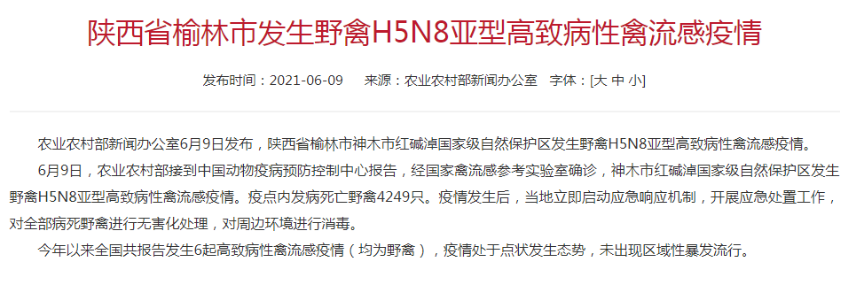 陕西省榆林市发生一起H5N8亚型高致病性禽流感疫情,死亡4249只野禽