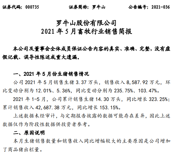 罗牛山：5月生猪销售收入环比增逾5%，前5个月销售数量同比增长323%，要赶上去年全年销量