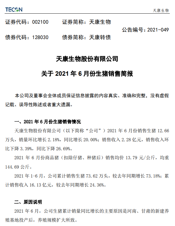 天康生物：商品肥猪销售均重连涨3个月，上半年生猪销量同比增长73%