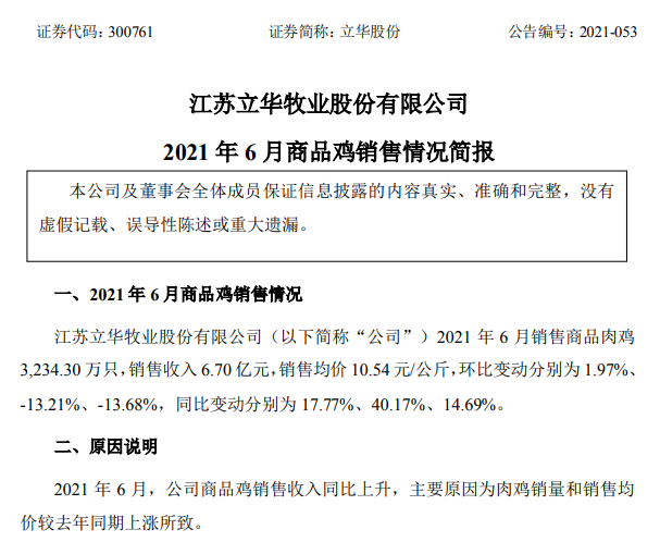 立华股份：肉鸡销量连续4个月上涨，而价格连跌4个月，预计6月亏损，上半年销售1.74亿只肉鸡