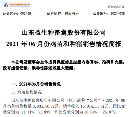 益生股份:6月鸡苗价格下降33%,上半年鸡苗销量超2亿只