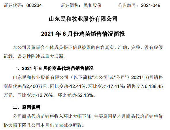 民和股份：因价格大跌6月鸡苗销售收入环降52%，上半年收入超6.5亿元同增27%