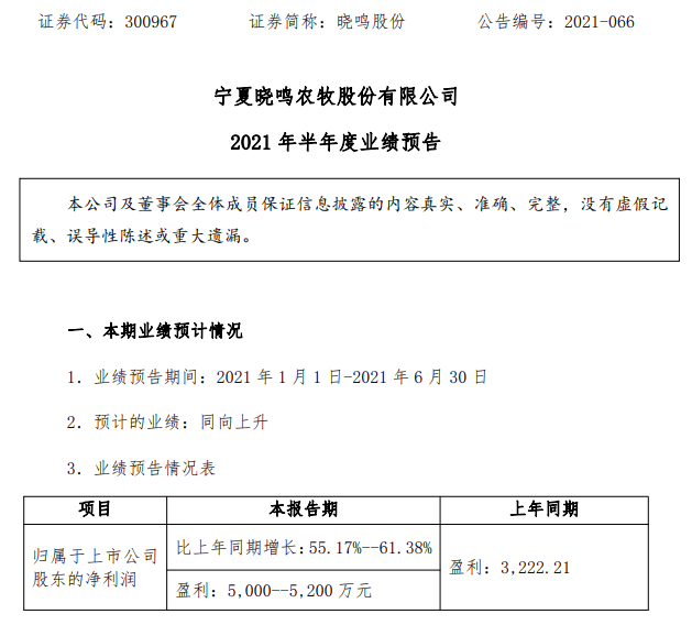 晓鸣股份：6月鸡产品收入同增91%，上半年预计盈利5000万元同增55%