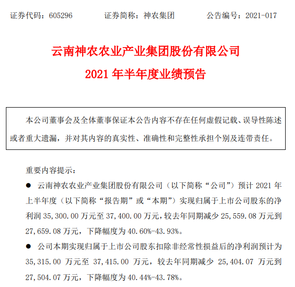 神农集团：预计2021年上半年度盈利超3.5亿元，同比下降41%