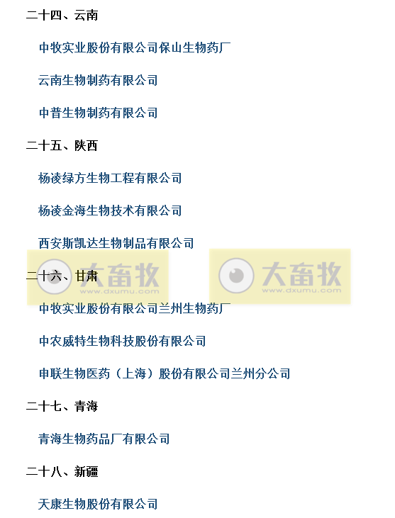 国内最新兽用生物制品生产企业名录（2021年版）