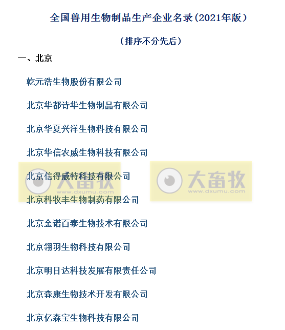 国内最新兽用生物制品生产企业名录（2021年版）
