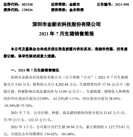 金新农：7月仔猪均重涨73%，种猪均重降30%，前7月收入同增101%