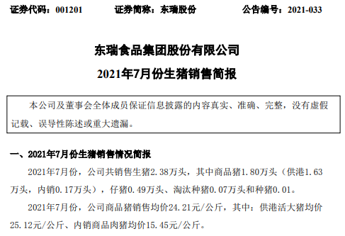 东瑞股份：7月供港猪价下跌，生猪销量和收入环比均下跌，前7个月生猪销量超20万头