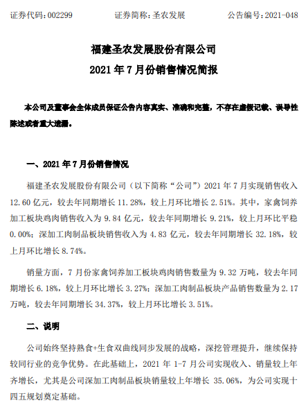 圣农发展：7月收入同环比均增长，前7月收入超80亿元，深加工板块增速较快