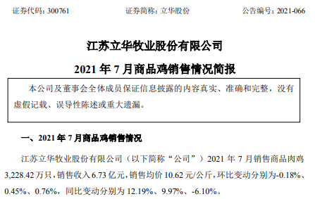 立华股份：7月肉鸡均价微涨，前7个月肉鸡销量超2亿只，同比增长22.5%