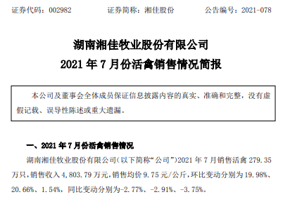 湘佳股份：7月活禽销售环比上涨，前7月活禽收入同比增长54%