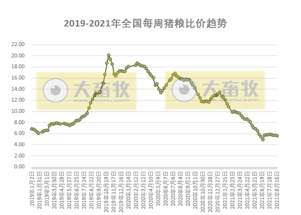 发改委最新数据:2021年8月第3周猪粮比价、猪料、鸡料、蛋料比价情况