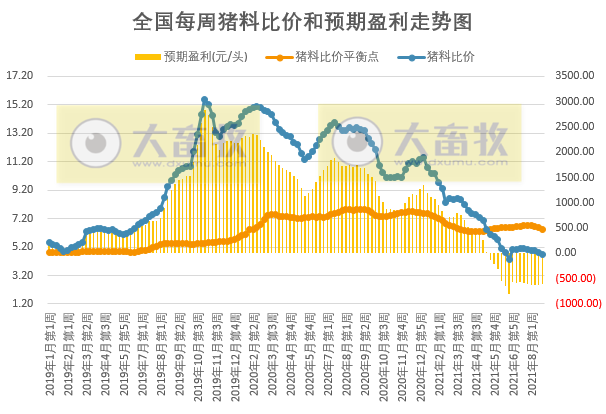 2021.8.30-今日猪价连跌8天，养猪连亏15周且头均亏损连5周超600元，猪价仍处于下行周期，京基智农多个生猪项目均已引种投产