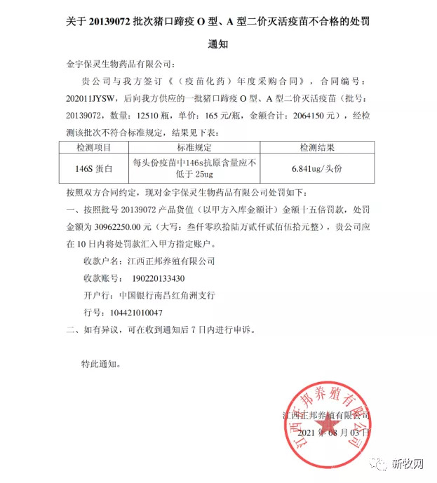 正邦公开回应向疫苗供应商金宇开出3000万元罚单事件