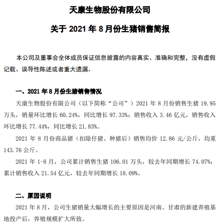 天康生物:8月生猪销量约20万头环增60%,自2017年以来第二高位,收入环比增长77%