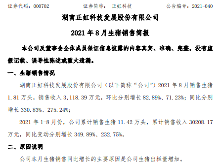 正虹科技：8月生猪销量1.81万头环增83%，收入环增71%