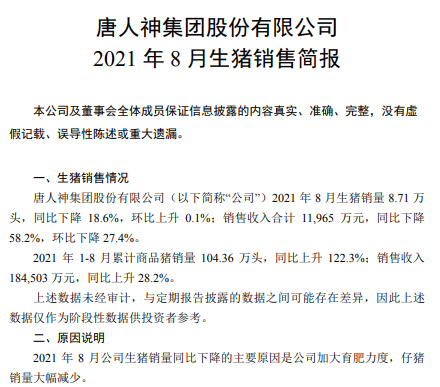唐人神：8月生猪收入1.2亿元环降27%同降58%，前8个月生猪销量超100万头