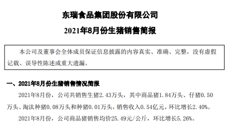 东瑞股份：8月生猪销量、收入和价格均环比上涨，前8个月收入累计超7亿元