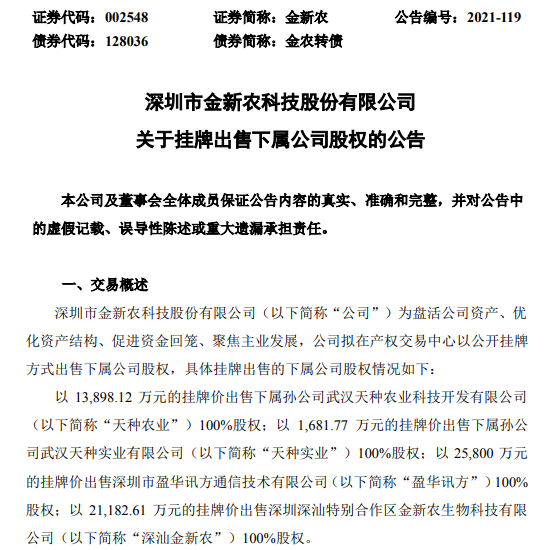 金新农:聚焦生猪养殖,拟6.25亿元挂牌出售天种等4家下属公司股权