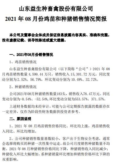 益生股份：鸡苗销量连续4个月增长，8月鸡苗价格环增20%收入环增33%