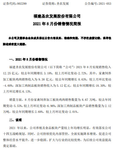 圣农发展：前8个月收入约93亿元同增5%，养殖和食品双板块均在增长