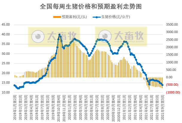 2021.9.20-今日猪价再创新低，养猪头均亏715.8元，8月能繁母猪存栏环降0.9%，生产惯性增长行情仍将低迷，建议不要压栏，不要赌明年元旦春节的行情