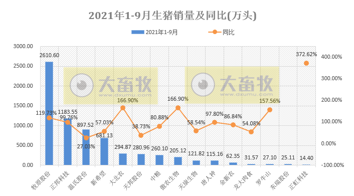 15家上市猪企2021年9月和前三季度生猪销售业绩PK