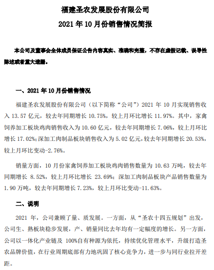 圣农发展：10月饲养鸡肉销量突破10万吨，创历史最高纪录，均价却跌破5元/斤