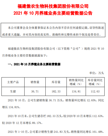 傲农生物：10月生猪销量创历史新高，生猪存栏量近2年来首次环比下降