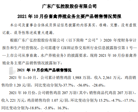 广弘控股：10月鸡苗销售207万羽环比增长15%，均价环降17%同涨16%
