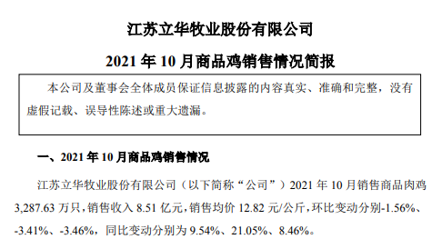 立华股份：10月肉鸡销售数量、收入和价格环比均下降，仍有盈利，前10个月肉鸡销量超3亿只