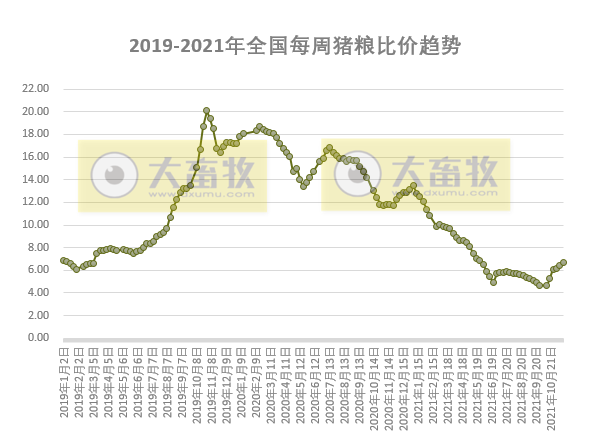 发改委最新数据：2021年11月第3周猪粮比价、猪料、鸡料、蛋料比价情况——猪粮比继续上涨，生猪连3周盈利，肉鸡盈亏平衡，蛋鸡盈利幅度收窄