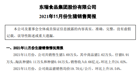 东瑞股份:11月生猪销量环比减少7%,均价环比增长18.5%,预计今年生猪出栏量36万头