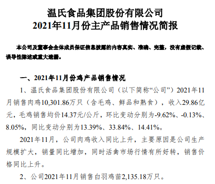 温氏股份：前11月肉鸡销量突破10亿只，均价持续4个月增长