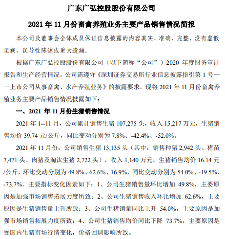 广弘控股:11月种猪销量环比增长78%,前11月生猪销量突破10万头