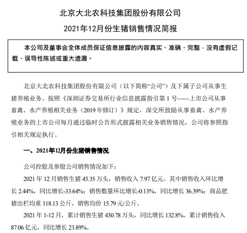 大北农2021年度业绩预告及生猪销售情况