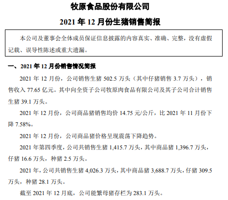 牧原股份：2021年生猪销量4026万头，同增122%，超过前3年销量之和；收入751亿元，同增36.4%