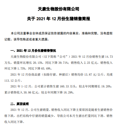 天康生物2021年度业绩预告及生猪销售情况